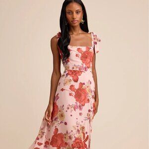 Lulus Summer Invite Blush Pink Floral Tie-strap Tiered Midi Dress - Size S